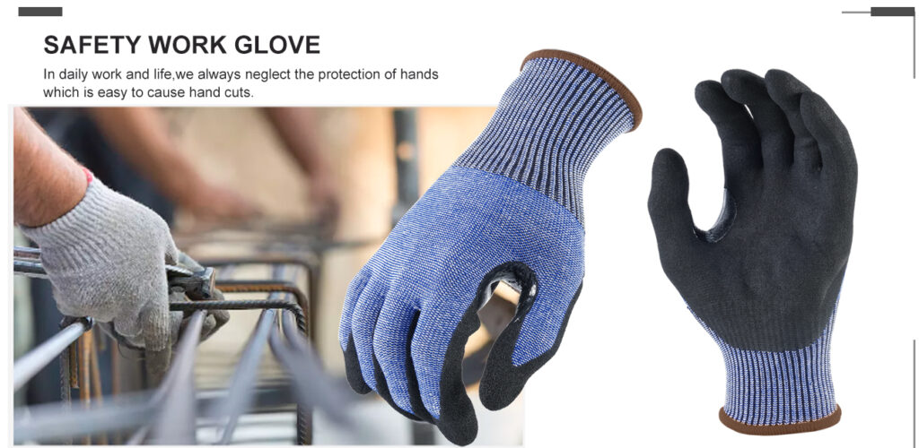 Blue liner and sandy nitrile coated cut resistant gloves