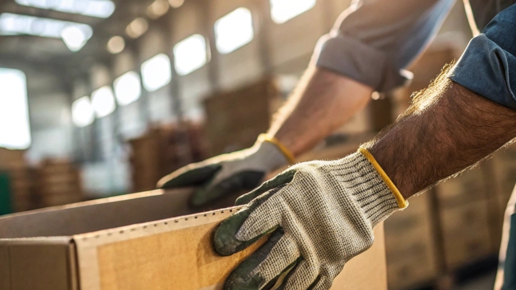 Worker wearing protective gloves handling a cardboard box in a warehouse