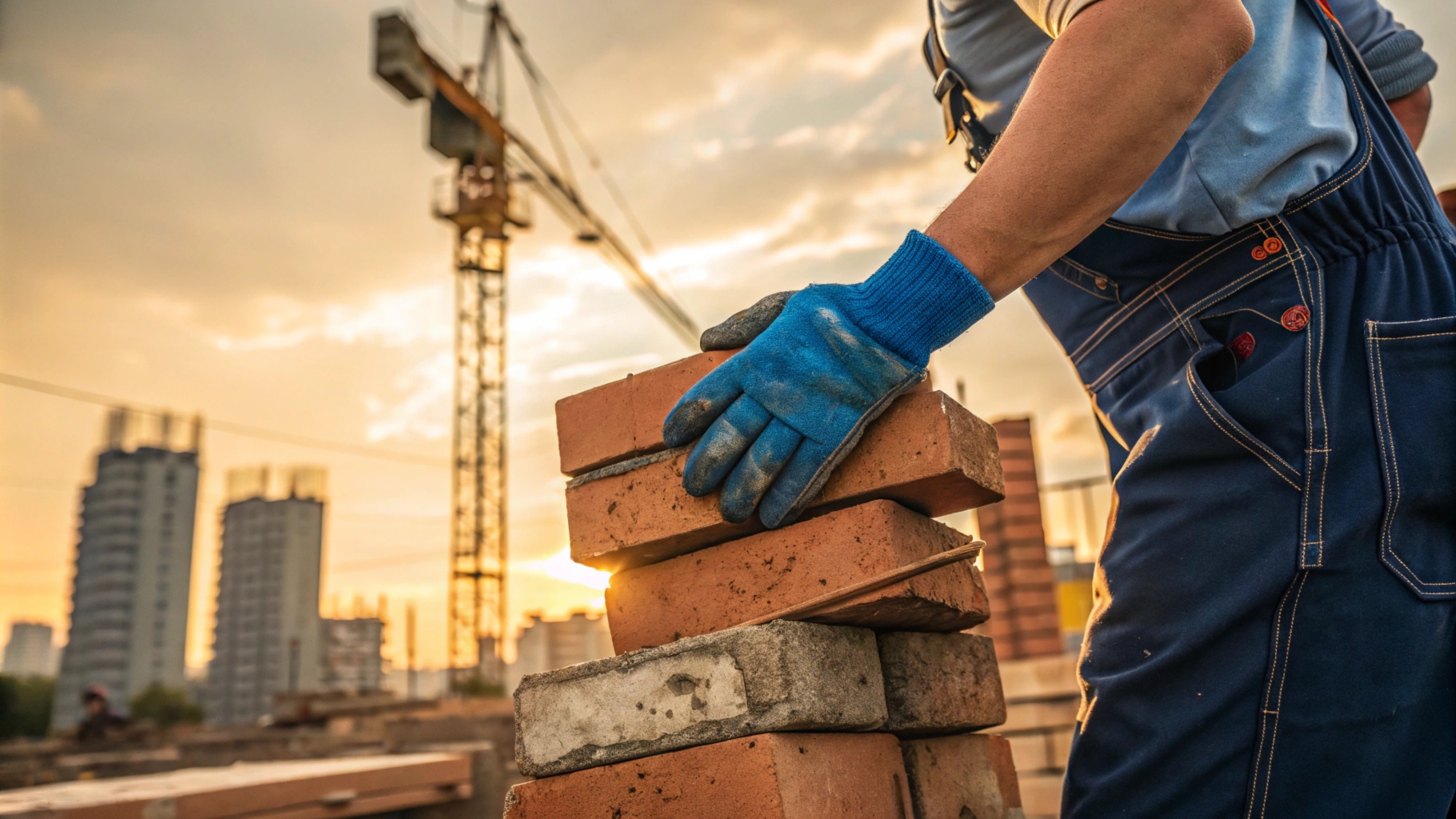 Worker stacking bricks on construction site with sunset and cranes