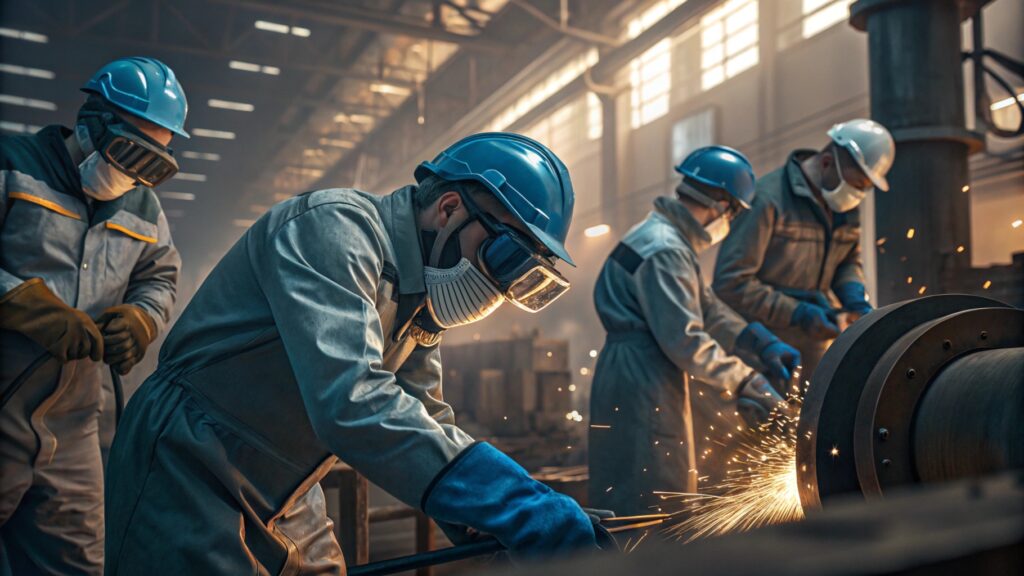 Workers wearing protective gloves, helmets, and masks operating machinery in a factory with sparks flying