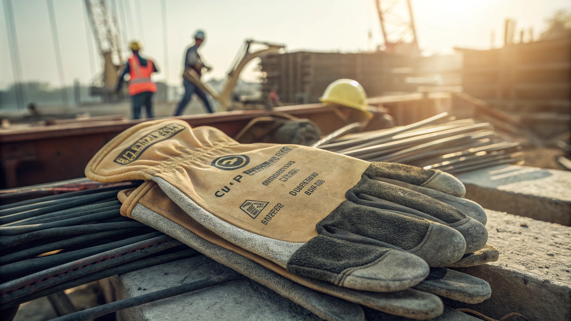 Pair of durable cut-resistant gloves placed on steel rods at a construction site, with workers and cranes in the background under warm sunlight